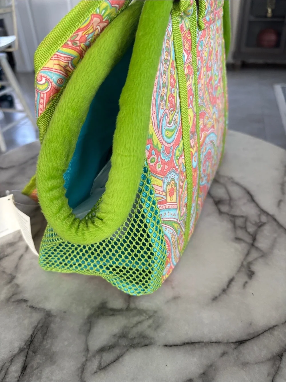 Small Pet Carrier Tote in Coral Paisley with Lime Trim